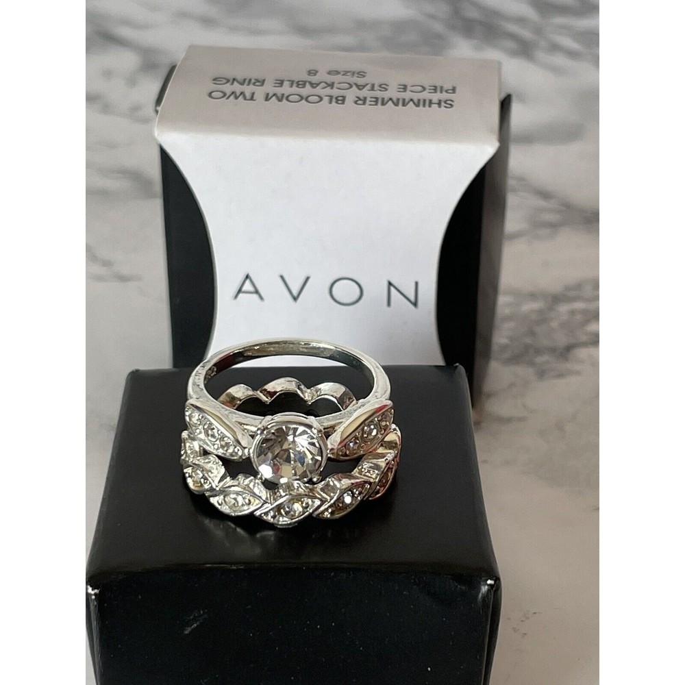 Avon 2015 Ring Shimmer Bloom Two Piece Round Stackable Ring Silvertone Size 8